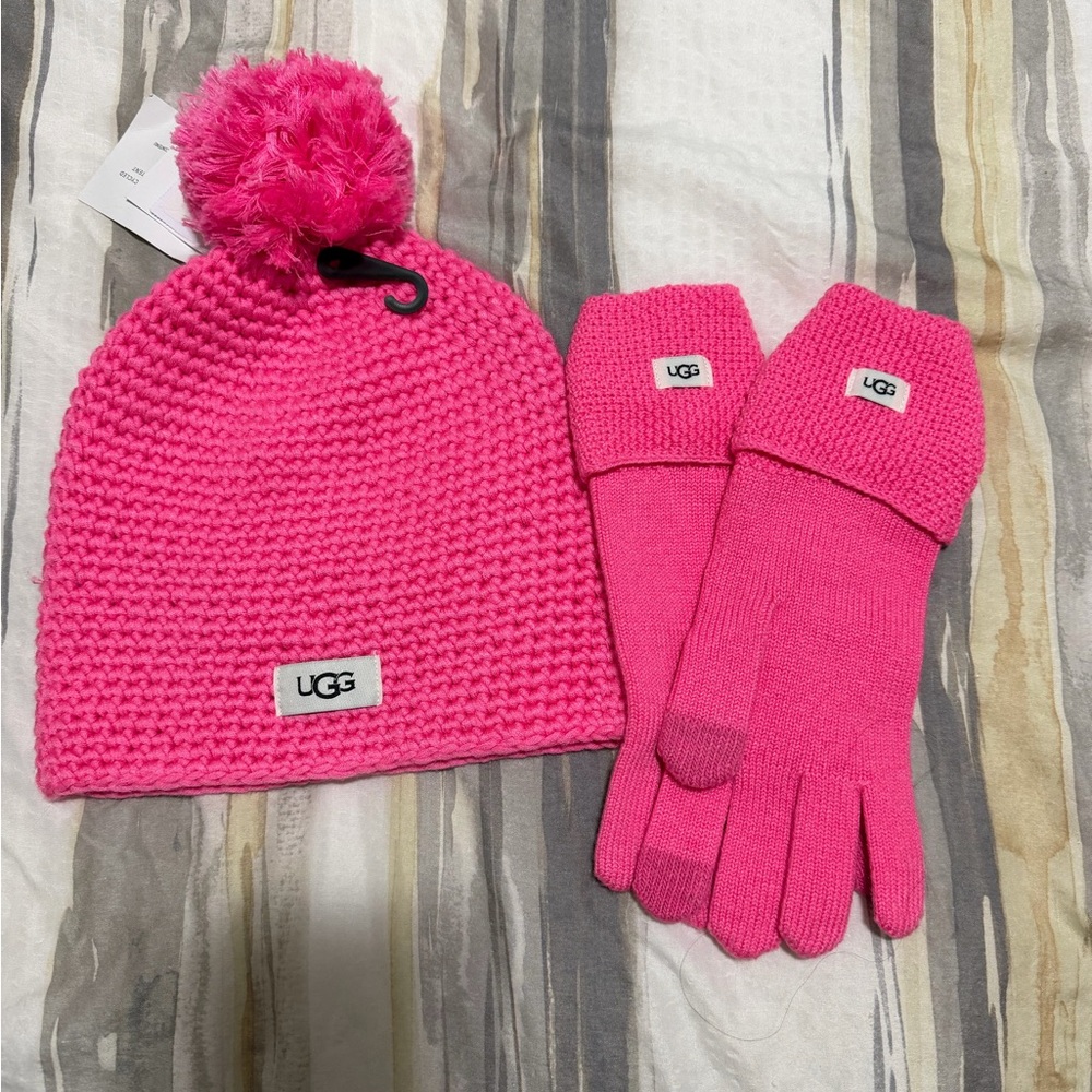 UGG Bright Pink Knit Beanie and Gloves Set